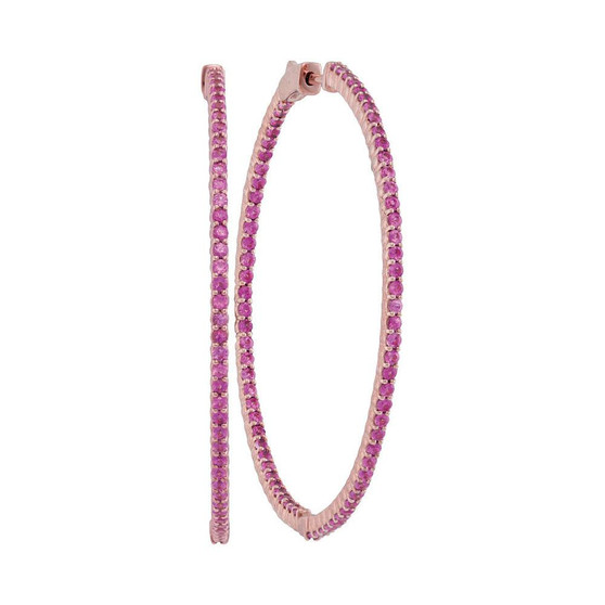 Earrings |  14kt Rose Gold Womens Round Natural Pink Sapphire Slender Hoop Earrings 3-1/2 Cttw |  Splendid Jewellery