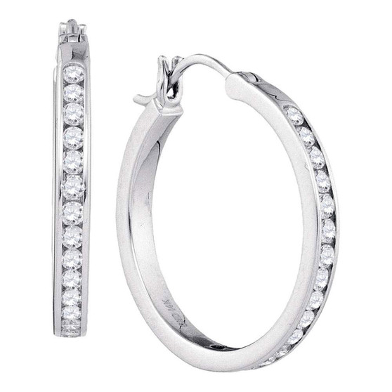 Earrings |  14kt White Gold Womens Round Diamond Hoop Snap-down Post Earrings 1 Cttw |  Splendid Jewellery