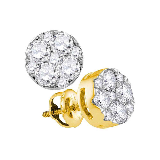 Earrings |  14kt Yellow Gold Womens Round Diamond Flower Cluster Earrings 1 Cttw |  Splendid Jewellery
