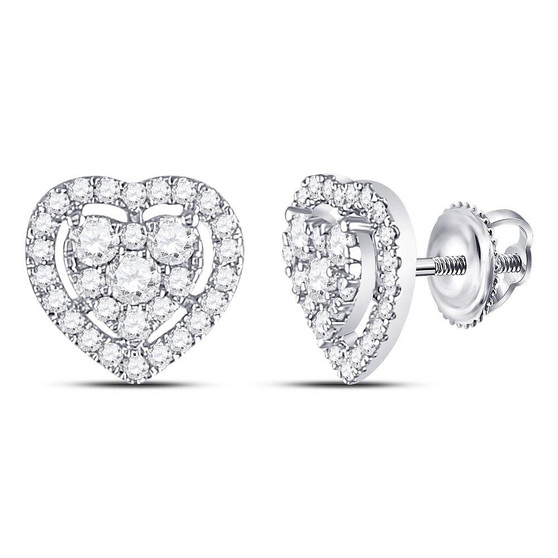 Earrings |  10kt White Gold Womens Round Diamond Heart Cluster Earrings 3/4 Cttw |  Splendid Jewellery