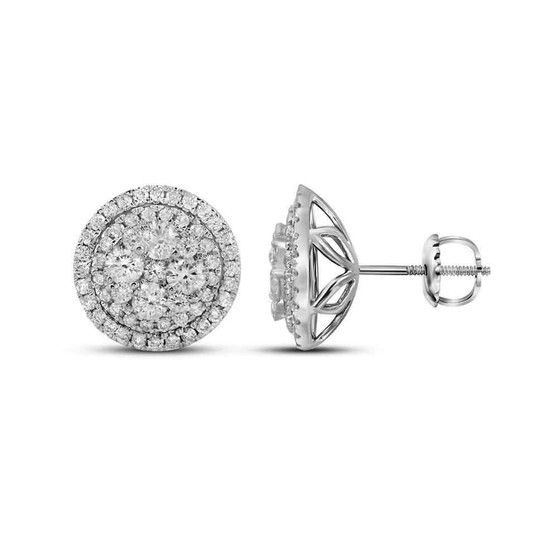 Earrings |  14kt White Gold Womens Round Diamond Framed Flower Cluster Earrings 1-3/4 Cttw |  Splendid Jewellery