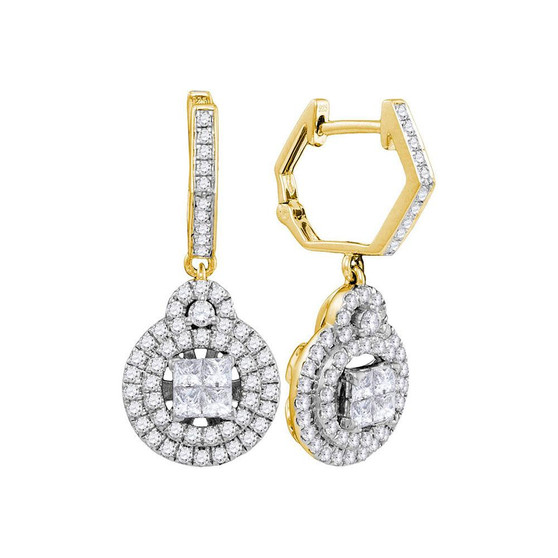 Earrings |  14kt Yellow Gold Womens Princess Diamond Double Circle Frame Dangle Earrings 1 Cttw |  Splendid Jewellery