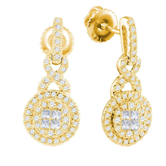 Earrings |  14kt Yellow Gold Womens Princess Round Diamond Cluster Dangle Earrings 1/2 Cttw |  Splendid Jewellery