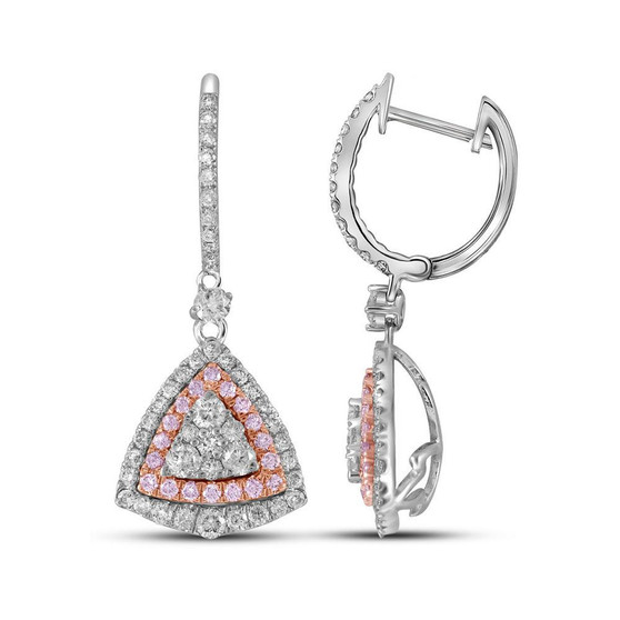 Earrings |  14kt White Gold Womens Round Pink Diamond Triangle Dangle Earrings 1-1/2 Cttw |  Splendid Jewellery