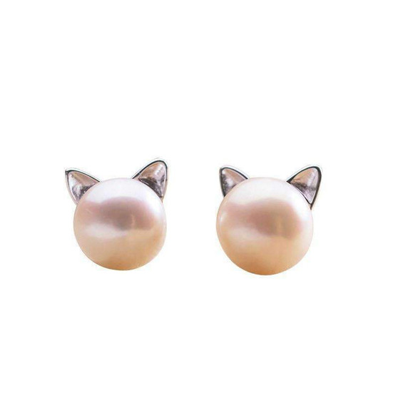 Sterling Silver Pearl Cat Stud Earrings
