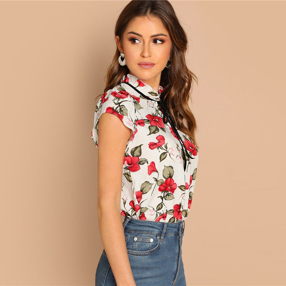 Multicolor Tie Neck Ruffle Armhole Floral Top Stand Collar Cap Sleeve Pullover