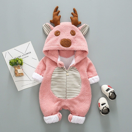 Newborn Baby Boy Girl Romper Fleece Cartoon Winter Warm Jumpsuit Hooded Coat Outwear Clothes Casual Long Sleeve Romper Jumpsuit