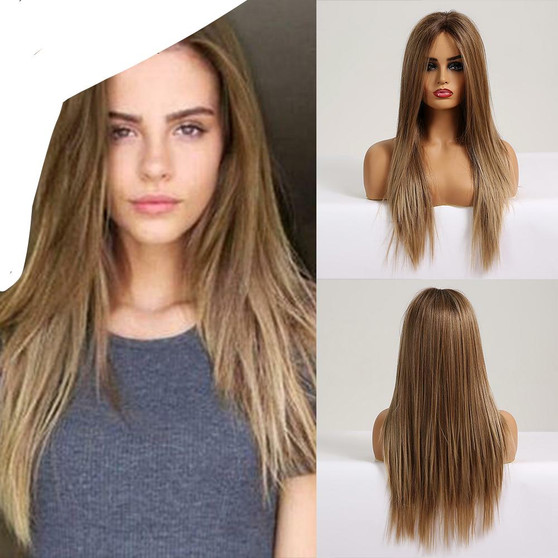 Long Silky Straight Brown Blonde Lace Front Wig with Baby Hair High Density Heat Resistant Synthetic Wigs for Women