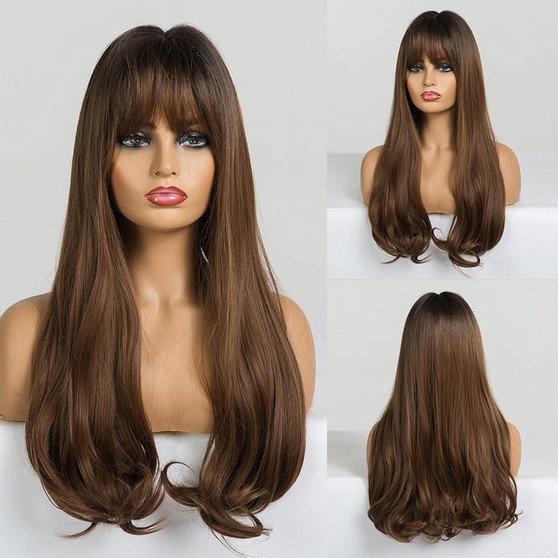 Long Straight Synthetic Wigs Brown to Blonde Ombre Hair Wigs With Bangs For Woman Afro High Density Heat Resistant Wigs