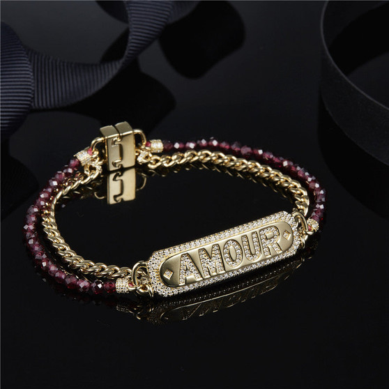 S925 Pure Silver Micro Inlaid Crystal Diamond Double Rope Letter Bracelet