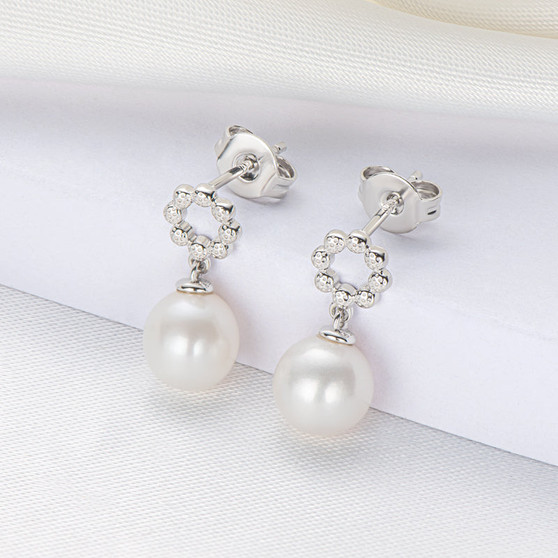 Sweet Circle Natural Round Pearl Drop Stud Earrings