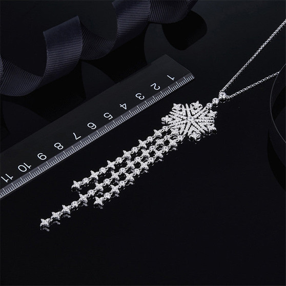 Snowflake Tassel Pendant Long Drop Sterling Silver Necklace