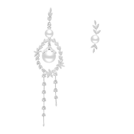 Round Created White Diamond  Pearl Flower Earrings