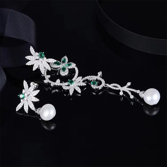 Mint Green Created Diamond Flower Pearl Earrings
