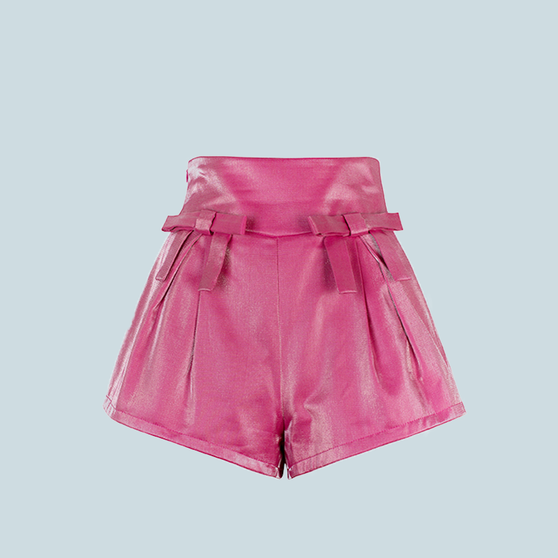 Sweet and cool retro bow mercerized high-waisted wide-leg shorts