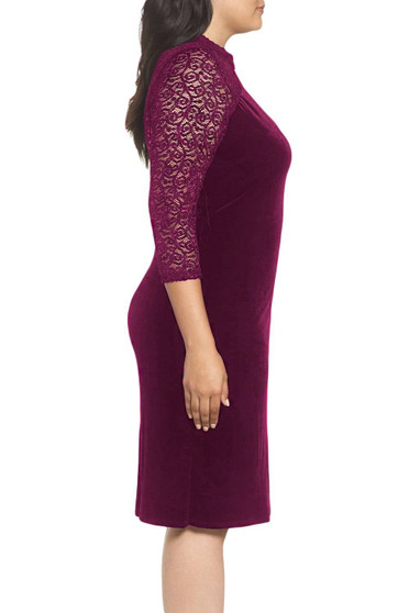 Burgundy Velvet & Glitter Lace Plus Size Sheath Dress