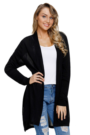 Black Ribbed Open Front Long Sleeve Cardigan
