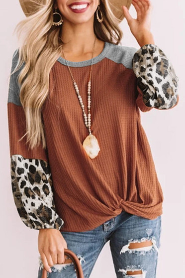 Leopard Long Sleeve Waffle Knit Orange Blouse with Twist Knot