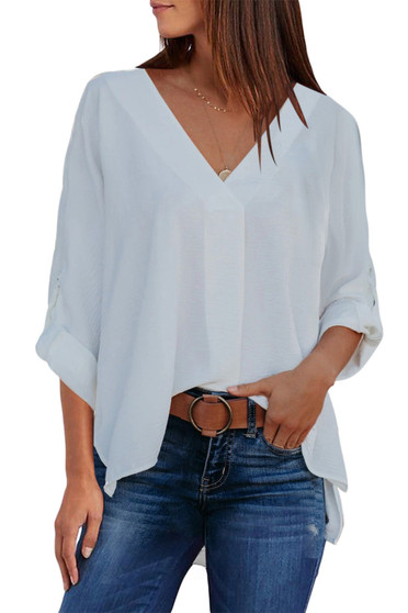 White V Neck 3/4 Sleeve High Low Hem Shirt