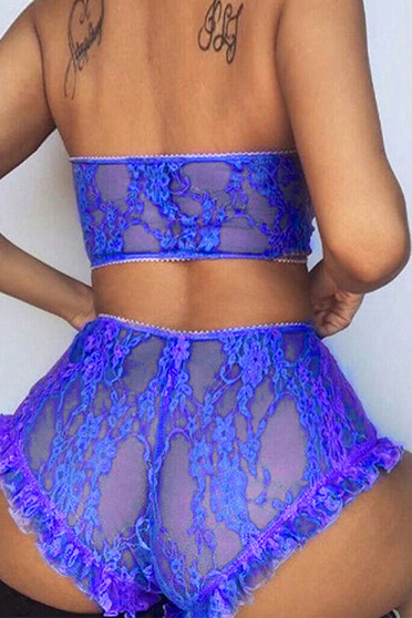 Blue Lace Mesh Print Tube See Through Sleeveless Lingerie Set