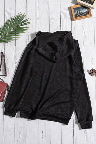 Black Waffle Knit Hooded Top with Asymmetrical Button Detail