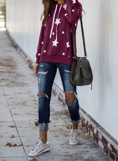 Purple Hooded Cotton Blend Star Sweatshirt