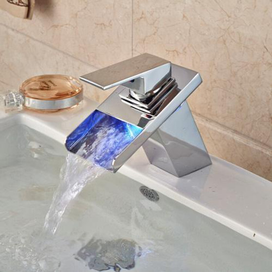 LED RGB Colors Basin Sink Faucet Deck Mount Waterfall