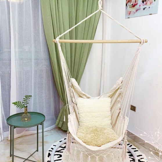 Safe Beige Hanging Hammock Chair Swing Rope Outdoor Indoor Bar Garden Seat