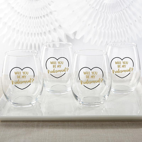 Gold Will You Be My Bridesmaid 15 oz. Stemless Wine Glass (Set of 4)