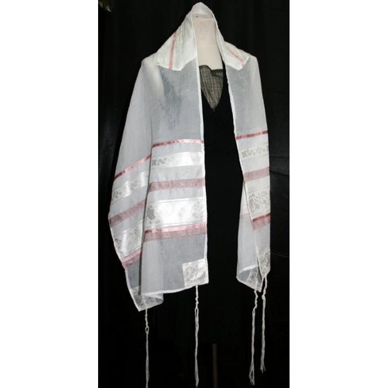 White And Pink Stripe Organza Silk Tallit