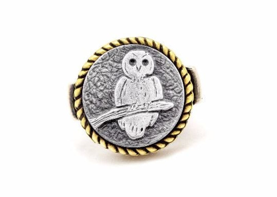 Coin ring with the Owl coin medallion ahuva coin jewelry owl ring