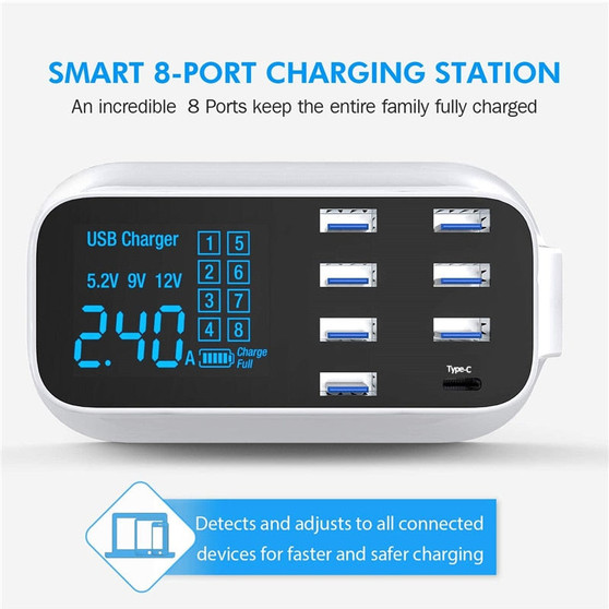 8 Port 3.0 LED Display Multi USB Charging Station for Mobile Phones Desktop