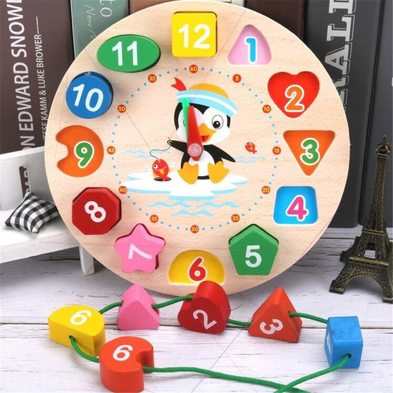 Educational Cartoon Animal Wooden Beaded Geometry Digital Clock Puzzles Gadgets Matching Clock Toy For Children