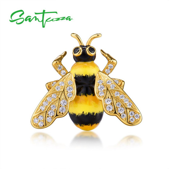 Authentic 925 Sterling Silver Chic Gold Color Yellow Bee Brooch for Women