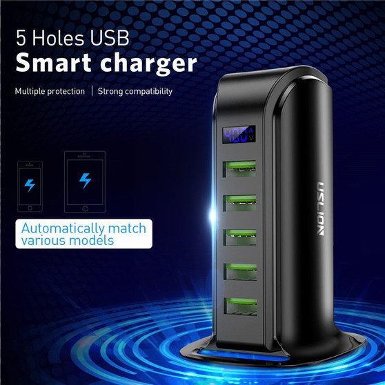 HOT SELLING 5 Port EU UK Plug LED Display USB Charging Dock Station for Mobile Phone/ Desktop