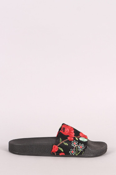 Qupid Floral Embroidery Slide Sandal