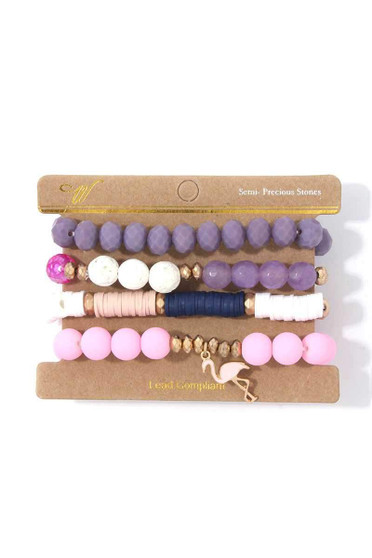 Multi Bead Flamingo Charm Stretch Bracelet Set