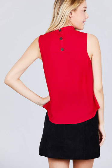 Sleeveless Mock Neck Back Button Woven Top