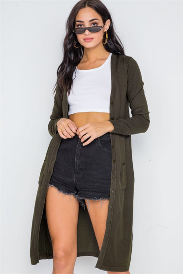 Button Front Long Line Cardigan