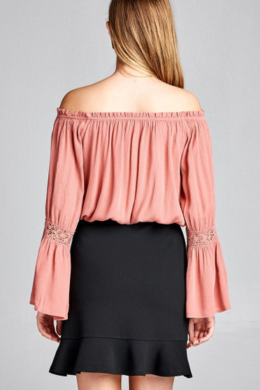 Ladies fashion long sleeve w/lace trim off the shoulder self tie front crinkle gauze woven top