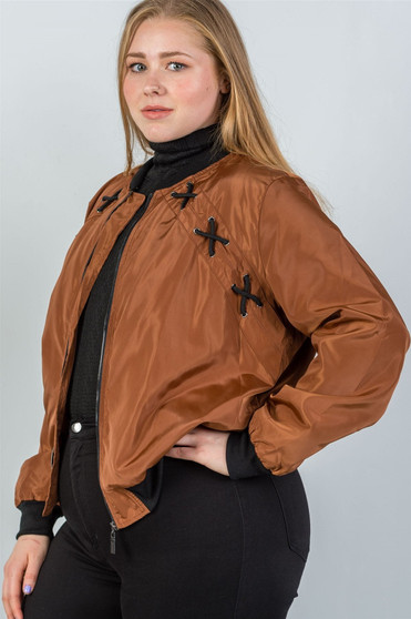 Ladies fashion plus size criss-cross sides bomber jacket