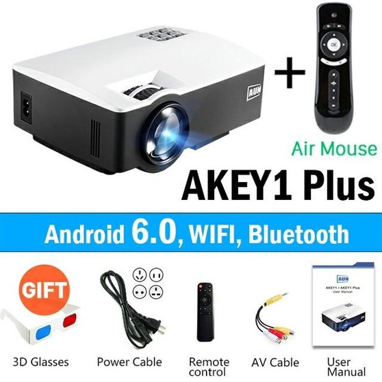 AUN LED Proyector AKEY1/Plus for Home Theater, 1800 Lumens, Support Full HD Mini projector (Optional Android 6 Support 4K Video)