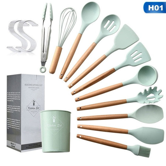 Silicone Spatula Utensils Turner Heat-resistant Soup Spoon Non-stick Spatula Shovel Wooden Handle Cooking Shovel Kitchen Tool