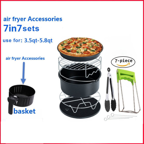 7in 7 Pieces Set Air Fryer Accessories for 3.5-5.8QT Baking Basket Double Grill Stainless Steel Kitchen Tools Deep Fryer Parts