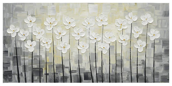 Hand painted Canvas Wall Art White Flowers Picture Oil on Canvas Bloosom Modern Floral Pallet Knife Painting for Bedroom Kitchen