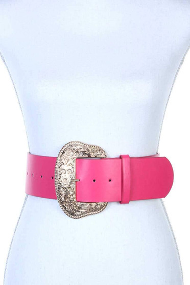 Filigree wide metal buckle pu leather belt