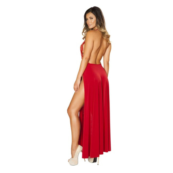 Red Maxi Length High Slit Dress with Eyelash Lace Detail