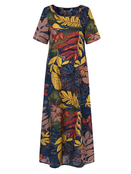 Women Crew Neck Floral Cotton Vintage Maxi Dress