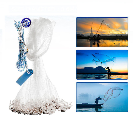 12Ft 3.6M Throw Cast Net Mesh Saltwater Bait Fish Casting Net with Real Sinker Fishing equipment Fishing Net