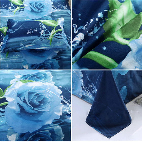 4pcs Suit Polyester Fiber 3D Blue Rose Flower Reactive Dyeing Bedding Sets Queen King Size